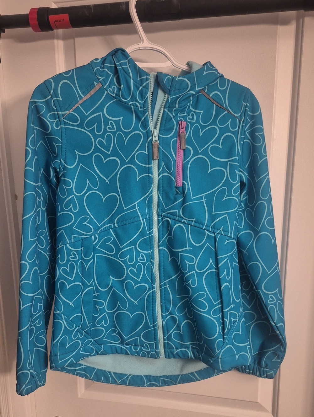 George Turquoise Heart-Print Hooded Rain Jacket with Pink Zip Accent